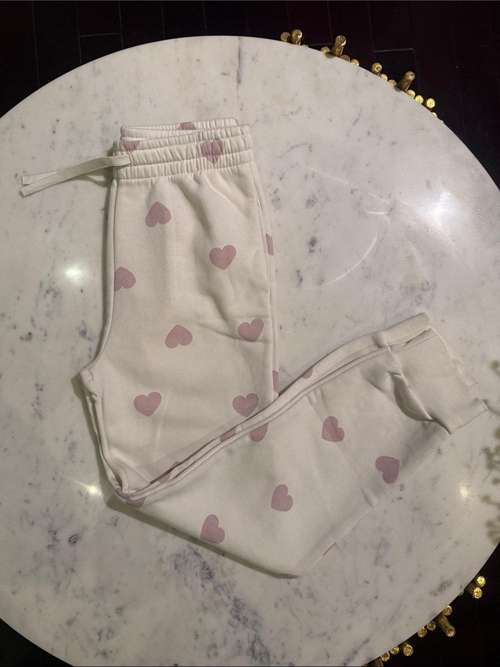 H&M Cream Sweatpants with Light Pink Heart Print